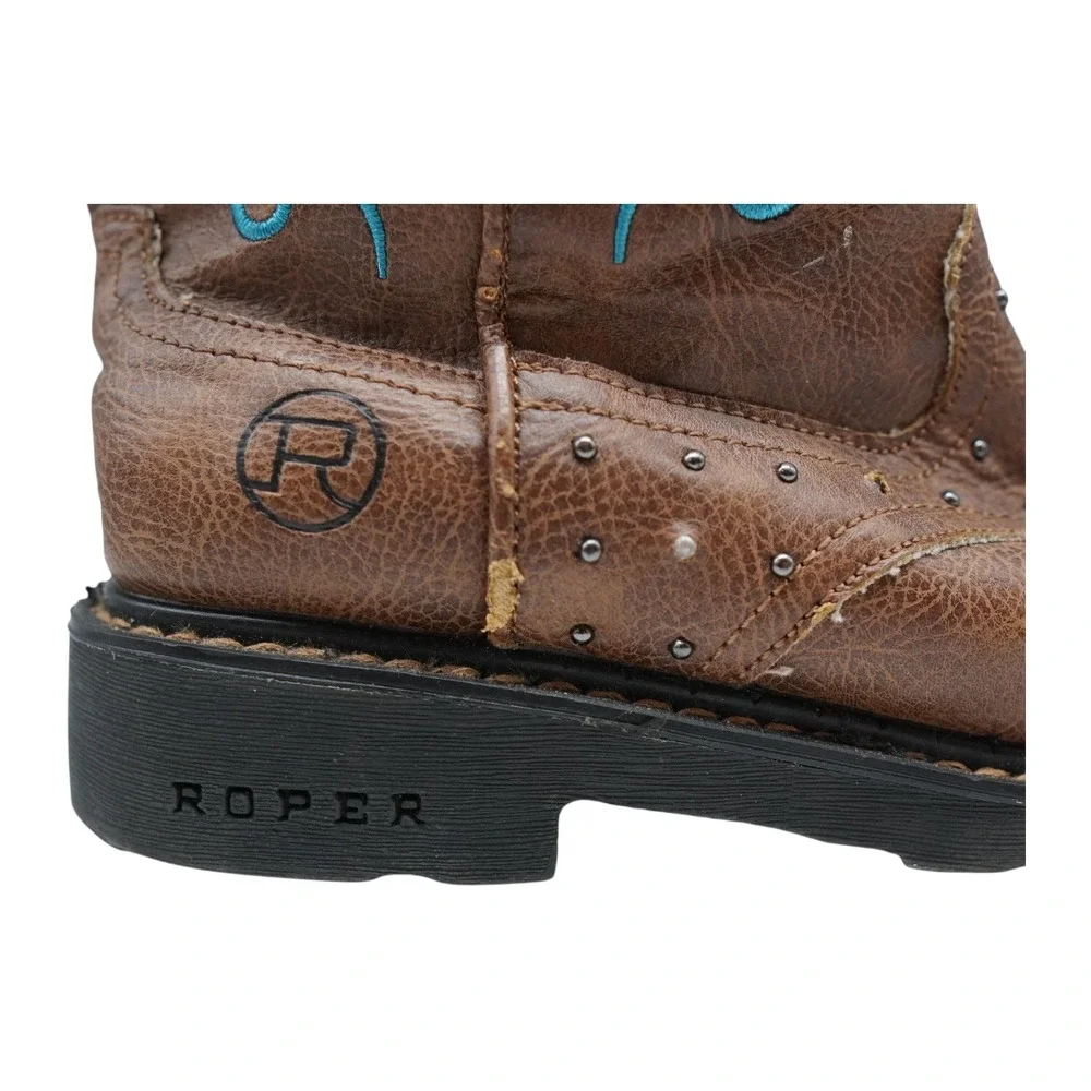 Roper Cowboy Boots Girls Size 2 Brown Turquoise Glitter Light Up Western Logo